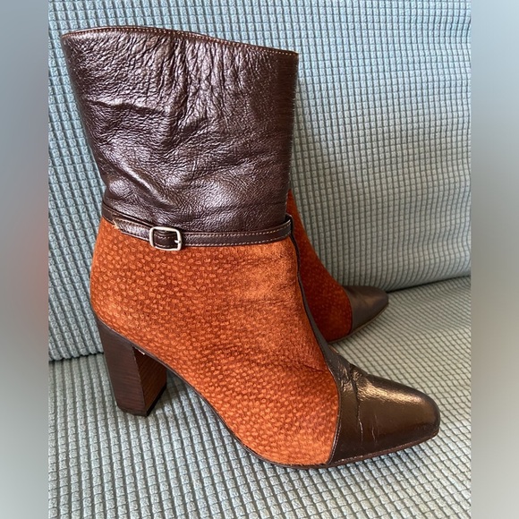 Suede & Leather Color block Stacked Heel Booties Brown Sz 8 $295 - Picture 2 of 15